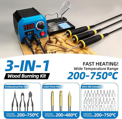 LH55-Z2-NS3 wood burning pen Wood Burning Tool Pen 200~750℃, Wood Burning kit with Digital Thermometer,3 pyrographic Wood Burning pens, 3 solid copper pen tips, 33 Wood Burning Pen Tips
