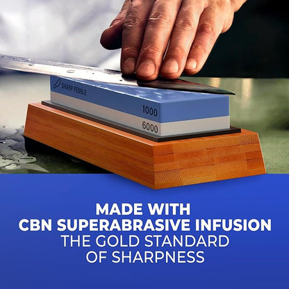 Sharp Pebble Premium Whetstone Knife Sharpening Stone 2 Side Grit 1000/6000 Waterstone- Whetstone Knife Sharpener- NonSlip Bamboo Base & Angle Guide