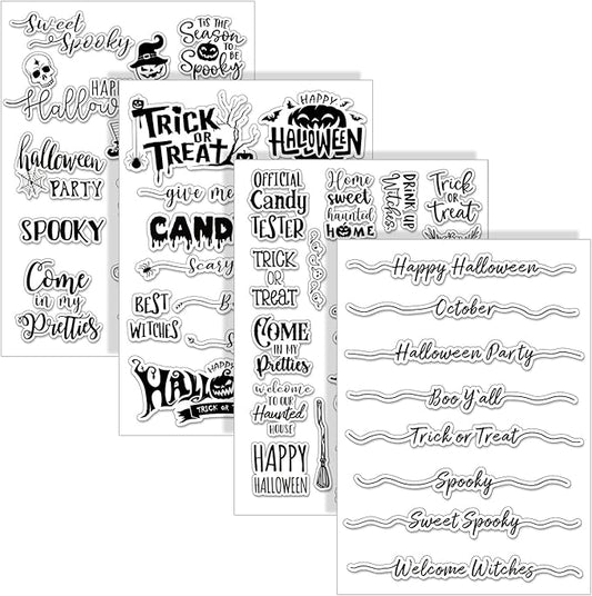 Whaline 4 Sheets Halloween Clear Stamps Greeting Words Pumpkin Bat Silicone Transparent Stamps Happy Halloween Stamp Cards for DIY Crafts Card Making Scrapbooking Embossing Album Decor