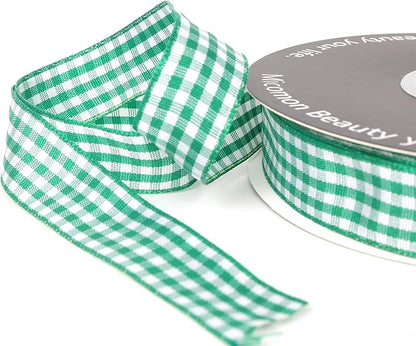 Green Gingham Plaid Checked Ribbon 25 Yards Each Roll 100% Polyester (5/8",Green)