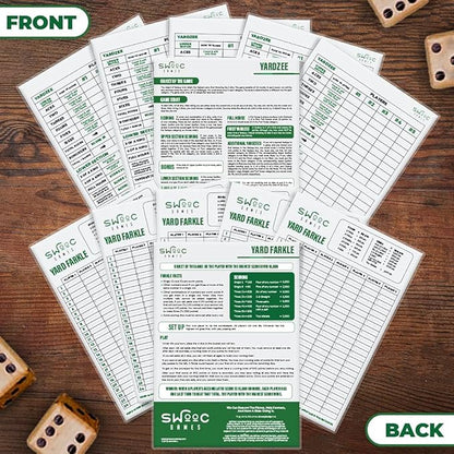 SWOOC Games® - 5 Big Premium Laminated Yardzee & Farkle Score Cards (11.5in x 8in) with Rules - Large Reusable Dry Erase Pads for Giant Outdoor Dice