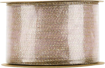 MEEDEE Rose Gold Sheer Glitter Wired Ribbon 2.5 Inch Horizontal Stripes Polka Dot Christmas Ribbon Organza Sheer Glitter 25 Yards for Christmas Tree, Wreath, Bow Making