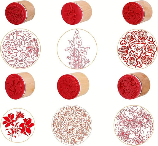 CCINEE 6pcs Round Rubber Stamps Floral Pattern Wooden Stamps for Christmas Scrapbooking Cards and Crafts Making