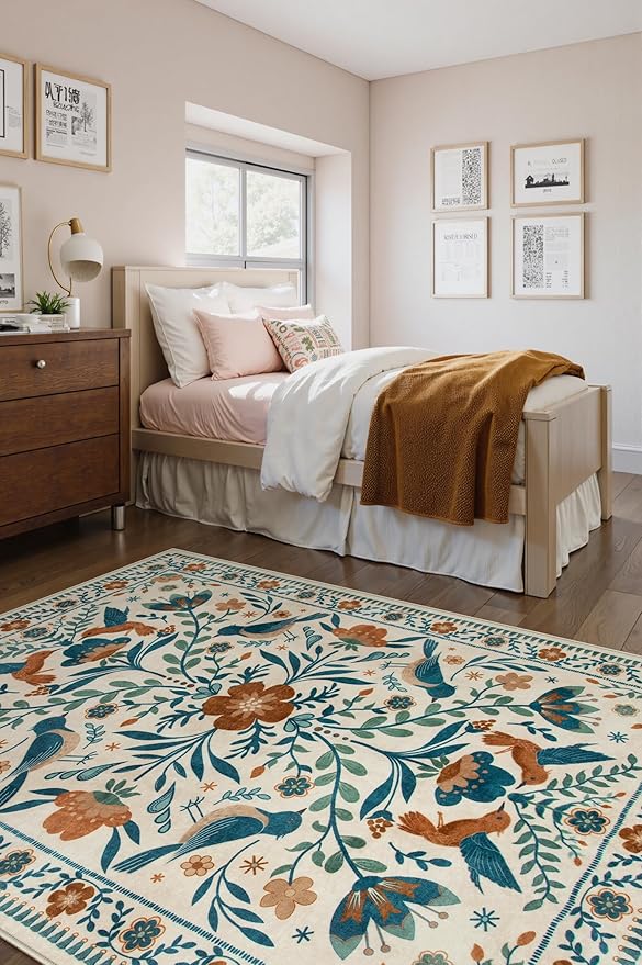 Morebes Washable Floral 8x10 Area Rugs for Living Room, Soft Insect Rug for Bedroom Non Slip, Ultra-Thin Distressed Birds Indoor Floor Throw Carpet for Classroom Playroom Farmhouse, Beige/Multi
