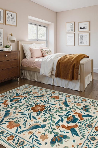Morebes Washable Floral 8x10 Area Rugs for Living Room, Soft Insect Rug for Bedroom Non Slip, Ultra-Thin Distressed Birds Indoor Floor Throw Carpet for Classroom Playroom Farmhouse, Beige/Multi