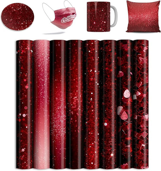 Red Sublimation Transfer Sheets for Heat Press Machine, 12x12inch Glitter Sublimation Paper for Tumblers Blanks Tshirts,8 Sheets