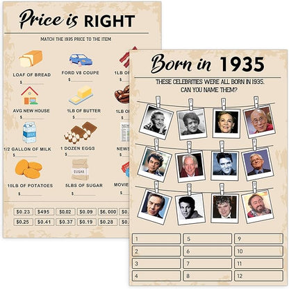 90 th Birthday Party Games, Set of 2 Activities for 15 Guests, Born in 1935 Games Bundle, Birthday Party Supplies for Adults, Pack of 30 Cards