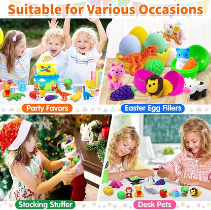 Arscniek 40 Pack 3D Puzzle Animal & Food Erasers for Kids, Take Apart Mini Pencil Erasers, Bulk Party Favors, Classroom Prizes, Treasure Box & Stocking Stuffers