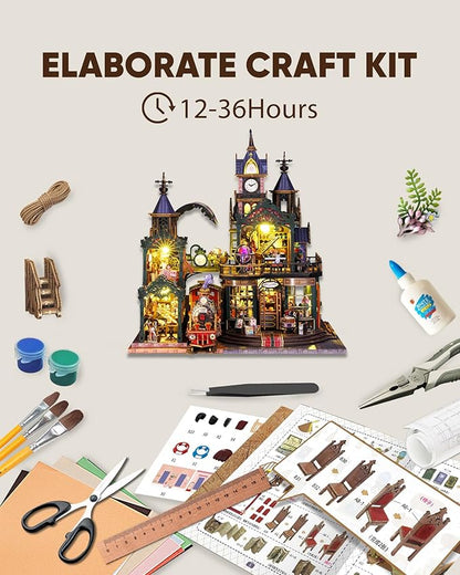 DIY Miniature House Kit, DIY Dollhouse Kit for Adults to Build, Mini House Kit with LED, Mayberry Street Miniatures, Ideal Gifts for Birthday, Halloween Christmas(Rail-Track Secluded City)