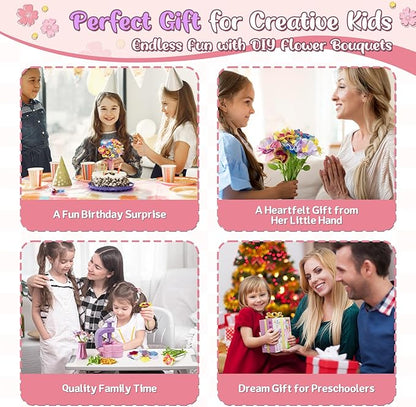 Fabric Flower Bouquets Toys – Mess-Free Flower Crafts for Kids & DIY Arts and Kid Crafts for Ages 3 4 5 6 7 8 9+, No Glue Needed, Fun Early Educational STEM Gift for Birthdays, Christmas, Holidays