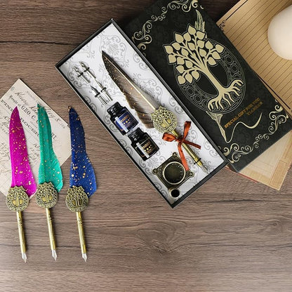 Feather Pen and Ink Set,quill pen ink set,Antique Calligraphy Pen with 4 Replaceable Nibs,2 Bottle of ink,Pen Holder Christmas Gift for Men&Women.(Gray)