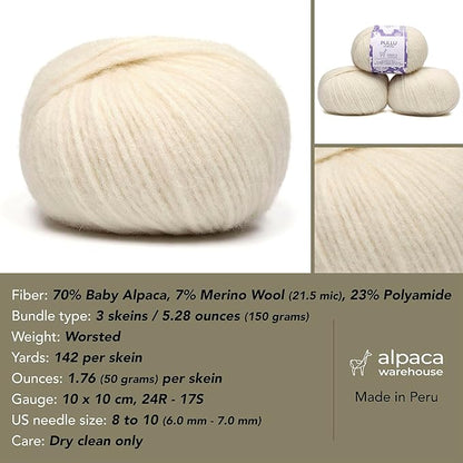 Pullu - Baby Alpaca Merino Wool Yarn Set of 3 Skeins (150 Grams) Worsted Weight - Sourced Directly from Peru - Heavenly Soft and Perfect for Knitting and Crocheting (Ivory)