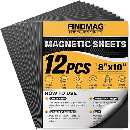 FINDMAG Magnetic Sheets (8” x 10”), Pack of 12, Flexible Magnet for Hanging Pictures, Photos, Paper Magnet for Dies, Adhesive Magnetic Sheets for Fridge, Locker, Cabinet Doors.