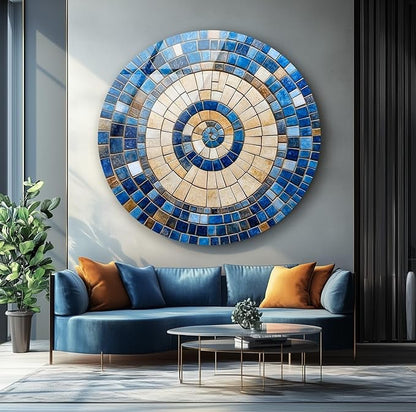 My Photostation.com 15.8''(40cm) Diameter Coastal Sunburst Beige & Blue Round Glass Wall Art Tempered Glass Printing Wall Decor Large Wall Art Wall Hangings