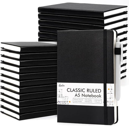feela 24 Pack Journal Notebook for Work, Business Notebook Bulk Hardcover Lined Writing Journal with Pen Holder for Men Women Note Taking, with 24 Black Pens, 120 GSM, 5.1”x8.3”, A5, Black