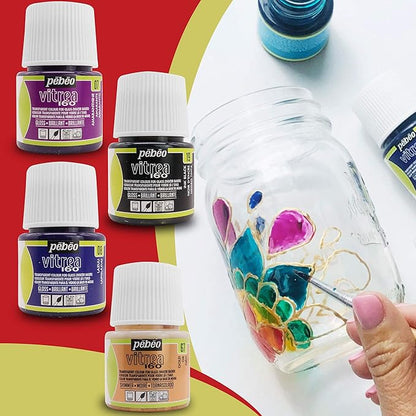 Pebeo Vitrea 160 Glass Paint - Transparent Colour Glossy and Brilliant - Made in France - DIY Craft Paint for Stained Glass and More - Set of 8 Colors Bundled Application Brushes