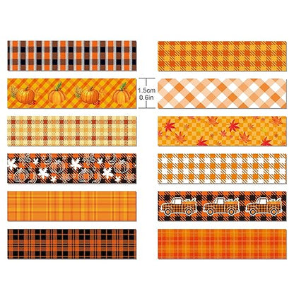 12 Pcs Thanksgiving Washi Tape Fall Maple Leaf Masking Tape Pumpkin Pattern Decorative Paper Sticker for Fall Party Holiday Scrapbook DIY Craft Gift Wrapping Handbook Sticker