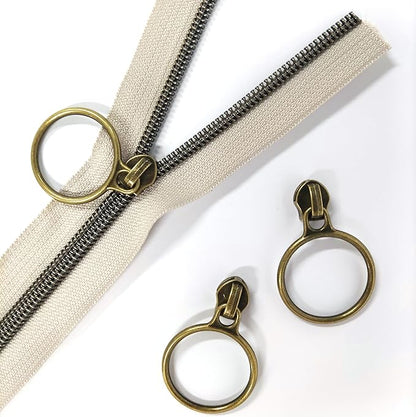 Leekayer #5 Antique Brass Metallic Nylon Coil Zippers by The Yard Bulk 10 Yards Beige Zipper Tape with 25pcs Antique Brass Ring Pull Sliders for DIY Sewing Tailor Craft Bag(Beige)