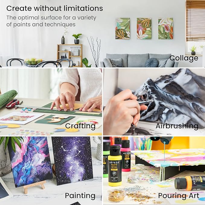 ARTEZA Canvas Boards for Painting, 6 x 6, 8 x 8, 10 x 10, 12 x 12 Inches, Multipack of 28, Blank White Canvas for Acrylic, Oil and Gouache Painting