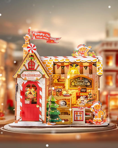 ROBOTIME DIY Miniature House Kit, Tiny House Book Nook for Family and Friends, Mini Wooden Dollhouse Kit for Halloween/Christmas/Birthday Gifts（Gingerbread House）