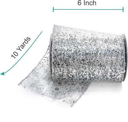 CT CRAFT LLC Sparkling Glitter Mesh Wired Ribbon 6" x 10 Yards Silver for Christmas Home Decor Bow Gift Wrapping DIY Crafts Wreath
