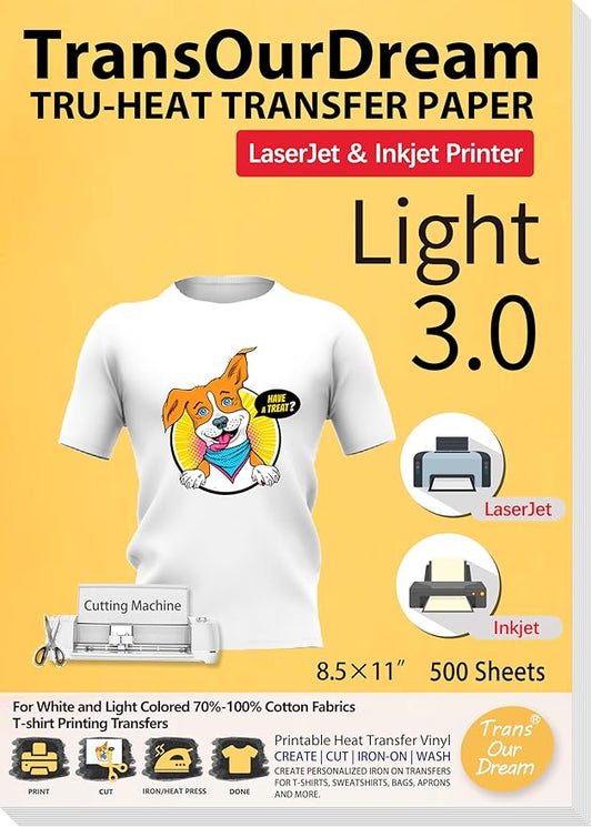 TransOurDream Tru-Heat Transfer Paper for Inkjet & Laserjet Printer (500 Sheets 8.5x11, 3.0) Printable HTV Heat Transfer Vinyl for T Shirts Iron on Transfers for Light Fabrics