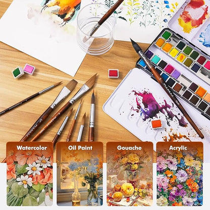 Watercolor Brushes Professional, Fuumuui 9pcs Sable Paint Brushes & Natural Squirrel Mop Brush Set with Extended Needle, Round Point, Flat, Dagger, Quill Wash for Watercolor Gouache Inks