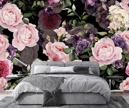 AFZEVEB-Black Watercolor Purple Peony Flower Wallpaper Wall murals for Bedroom 136"x96"(Not Peel and Stick)