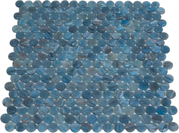 Denim Blue Penny Round Mosaic Glass Tile – 12.2 x 12.2 Inch - 10 Sheet Pack - Luxurious Design for Bathroom Walls, Kitchen Backsplash, Shower Walls - Elegant Wall Decor - NOT Peel and Stick Tile