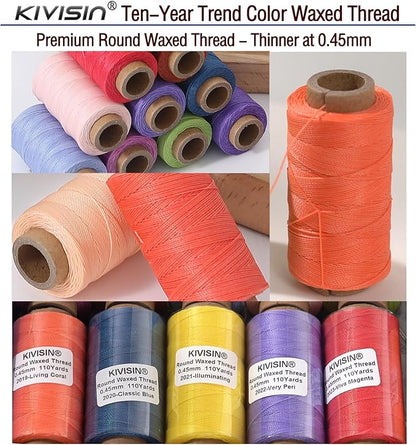 12 Multicolor Round Waxed Thread, 0.45mm Thin and Stiff Wax Strings, 110 Yards/Spool, Polyester Waxed Cord for Fine Leather Sewing, Binding, Crafting, Bracelets and Micro-Macrame Jewelry Making