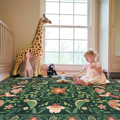 Morebes Green Boho 8x10 Area Rugs for Living Room, Washable Floral Rug for Bedroom Non Slip, Soft Ultra-Thin Distressed Flower Birds Indoor Carpet for Farmhouse Classroom Kids Nursery