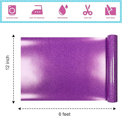 Deep Purple Glitter Heat Transfer Vinyl 12Inch*6FT Glitter Iron on Vinyl for T Shirts Easy to Cut and Weed Compatible with All Cutter Machines HTV Iron on Vinyl for Cricut(Deep Purple)