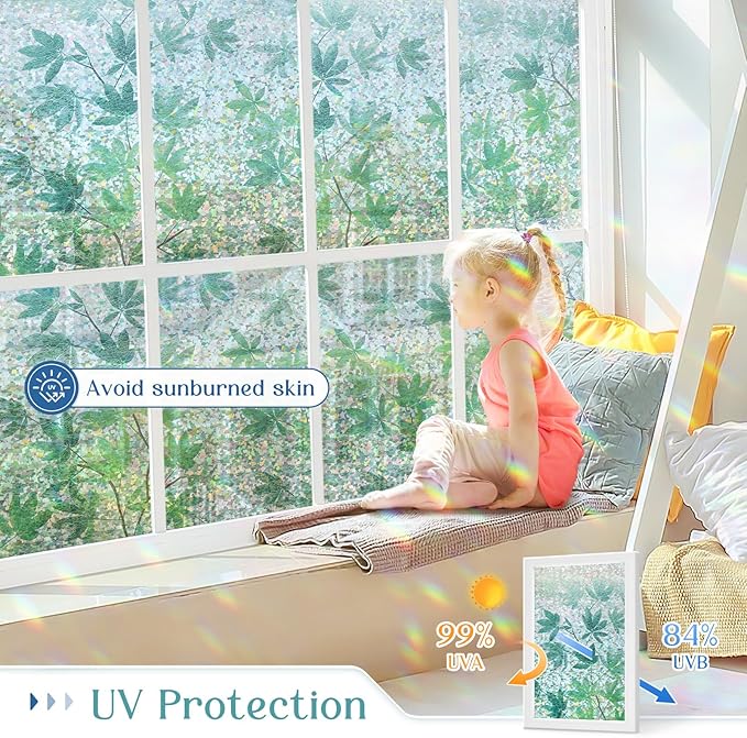 Haton Window Privacy Film, Decorative Stained Glass Window Clings, 3D UV Sun Blocking Sticker, Removable Static Cling Heat Control Tint for Home Door, Leaf Rainbow, 35.4" x 78.7" Non-Adhesive