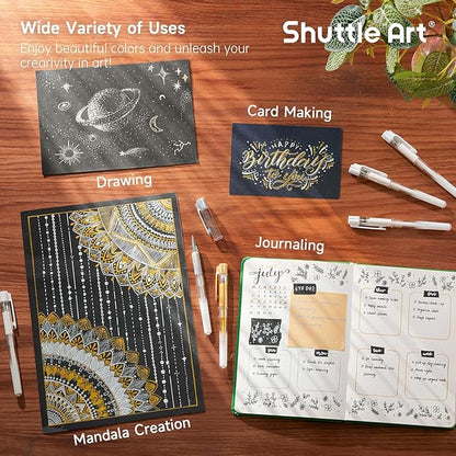 Shuttle Art White Gold Silver Gel Pens, 6 Pack 0.7mm, 1.0mm Metallic Gel Ink Pens Fine Point for Black Paper Highlighting Card Making Scrapbooking Coloring Writing Drawing School Office Home