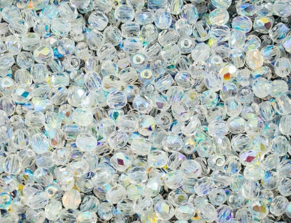 100 pcs of Faceted Fire Polished Pressed Czech Glass Beads 4mm (0.16in), Crystal AB 00030-28701 BCV