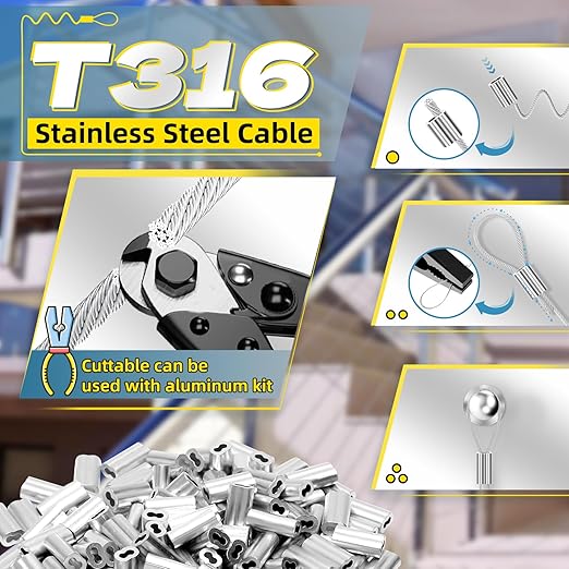 316 Stainless Steel Cable, 200FT 1/32IN Wire Rope with 50Pcs Aluminum Sleeves Stops, for String Lights Hanging, Clotheslines, Trellis Wire