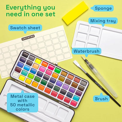 ARTISTRO 50 Watercolor Paint Set, Vivid Colors in Portable Box, Palette set. Perfect Travel Watercolor Set for Artists, Amateur Hobbyists and Painting