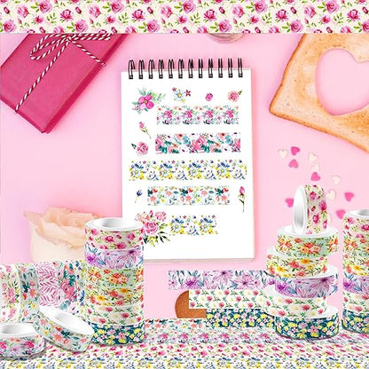 12 Rolls Flower Washi Tape Set, Floral Masking Tape, Spring Colorful Garden Themed Decorative Paper Tape for Monther's Day Scrapbooks Journals Vision Boards Planners DIY Crafts 16.4FT