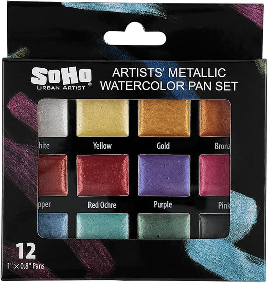 Soho Urban Artist Metallic Watercolors Set – 12 Vibrant Metallic Half Pans in Travel Case – Professional Shimmer Watercolor Paint Set for Artists, Crafters & Mixed Media