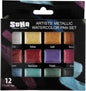 Soho Urban Artist Metallic Watercolors Set – 12 Vibrant Metallic Half Pans in Travel Case – Professional Shimmer Watercolor Paint Set for Artists, Crafters & Mixed Media