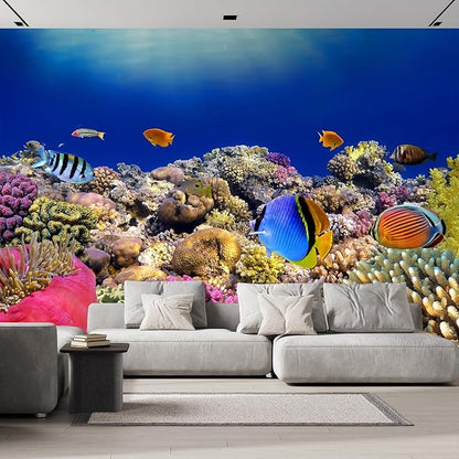 wall26 Removable Wall Sticker/Wall Mural Tropical Blue Fish Coral Reef Ocean Seascape Nature Wilderness Photography Nautical Landscape Decorative for Living Room, Bedroom, Office - 120x144 inches