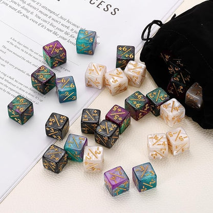 uxcell 24Pcs Magic Dice Counters, Acrylic D6 Life Token Dice Set with Pouch for Standard Cards Gaming Accessories, White Marble, Black Marble, White, Black