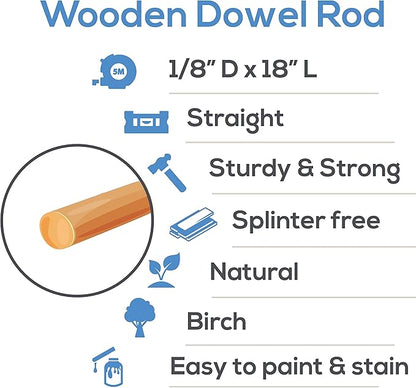 Dowel Rods Wood Sticks Wooden Dowel Rods 1/8 x 18 Inch Unfinished Hardwood Sticks for Crafts and DIYers 25 Pieces by Woodpeckers