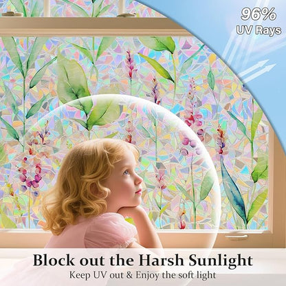 Donox Decorative Window Privacy Film, 3D Floral Stained Glass Window Film Static Cling Rainbow Privacy Sticker for Glass Door Heat Control Anti UV, No Adhesive (Gladiolus,35.4 x 78.7 inches)