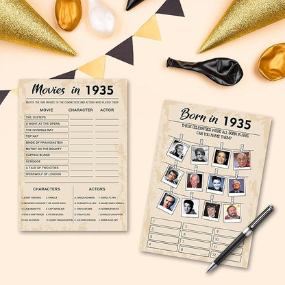 90th Birthday Party Games, Set of 5 Activities for 10 Guests, Born in 1935 Games Bundle, Birthday Party Supplies for Adults, Pack of 50 Cards