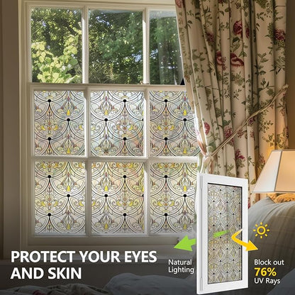 3D Stained Glass Window Film, Decorative Window Privacy Film for Bathroom,Front Door,Home, Sun Blocking Heat Control,Static Cling, Removable Non-Adhesive Golden Ironwork 23.6inch x 35.4inch