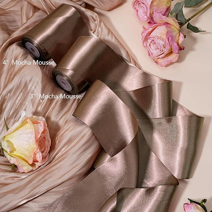 LaRibbons Brown Satin Ribbon 4 Inch 10 Yards Double Faced Luxury Mocha Silk Ribbon for Gift Wrapping Flower Bouquets Bow Christmas Wedding Party Decoration