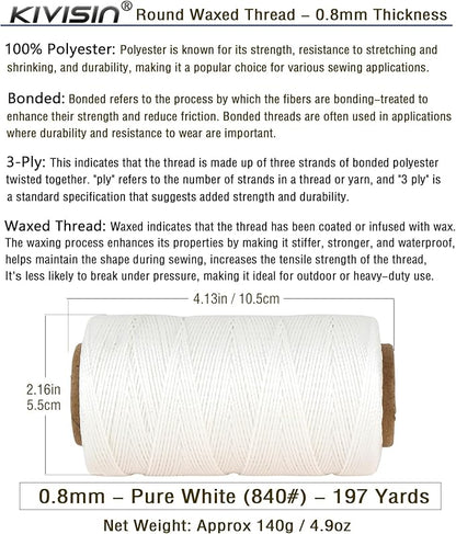 Bonded 0.8mm Round Waxed Polyester Cord, 3-ply Wax Coated Thread, 197 Yards Stiff String for Heavy Duty Fabric, Leather Sewing, Book Binding, Upholstery Repair, and Macrame Jewelry - White