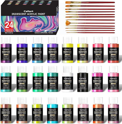 Caliart Iridescent Acrylic Paint with 12 Brushes, 24 Colors (59ml, 2oz) Art Craft Paints for Adults Artists Beginners Painters, Halloween Decorations Canvas Ceramic Wood Rock Painting Kit