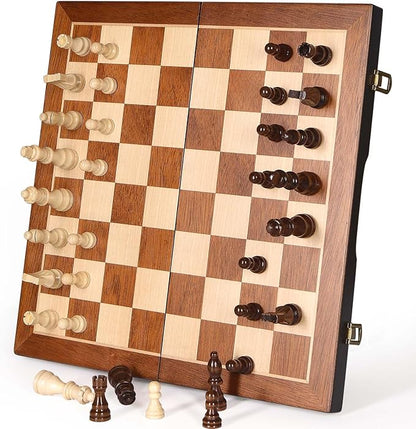 Magnetic Wooden Chess Set 15" Unique Chess Board Game with Chess Pieces Storage Slots, Tournament Portable Folding Travel Chess Sets for Kids Adults Beginner and Pros, 2 Extra Queens
